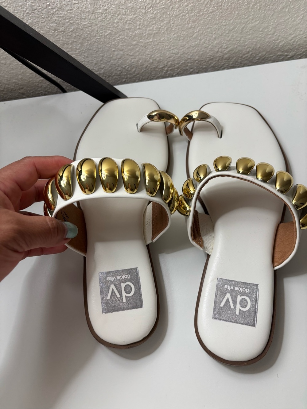 DV by Dolce Vita White Sandals with Gold Bead Accents